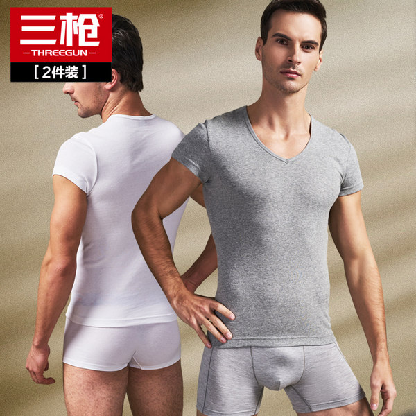 三枪 纯棉 V领男式短袖T恤2件装 优惠券折后￥35.5包邮（￥55.5-20）3色可选