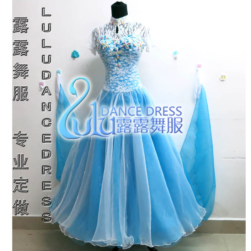 蓝白色新款摩登舞比赛舞裙 舞蹈服装 国标舞裙 摩登舞裙比赛裙