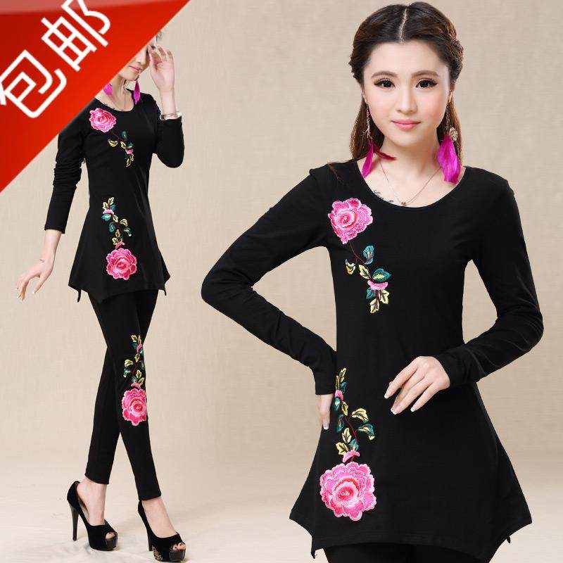 2018春款民族风女装长袖T恤纯棉修身打底裤套