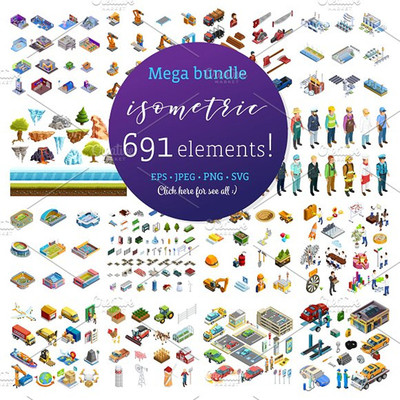 [495]691个元素扁平化Isometric建筑人物场景AI矢量设计素材+PNG