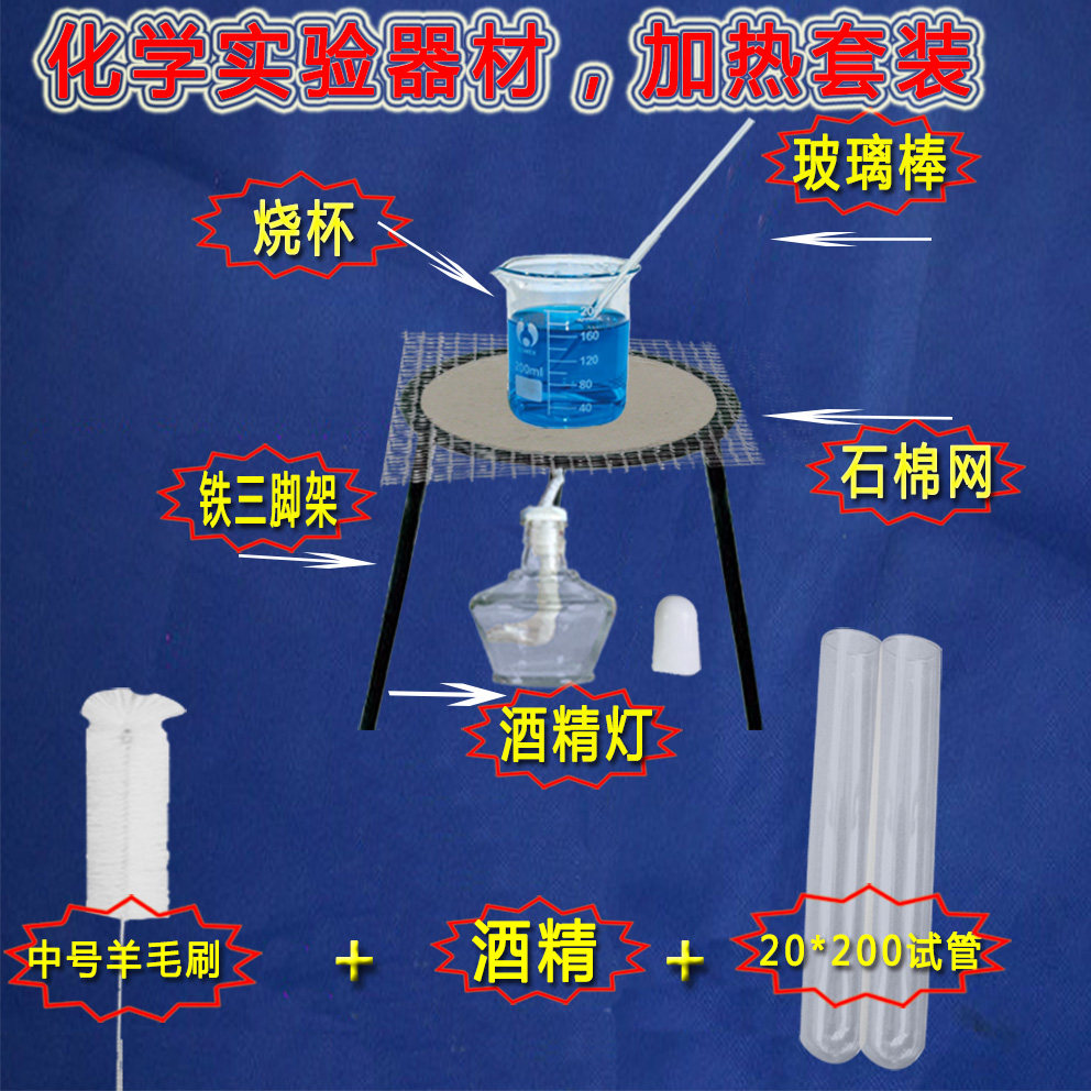 铁三脚架 酒精灯 烧杯 玻璃棒 石棉网 灯芯 试纸 羊毛刷 实验器材
