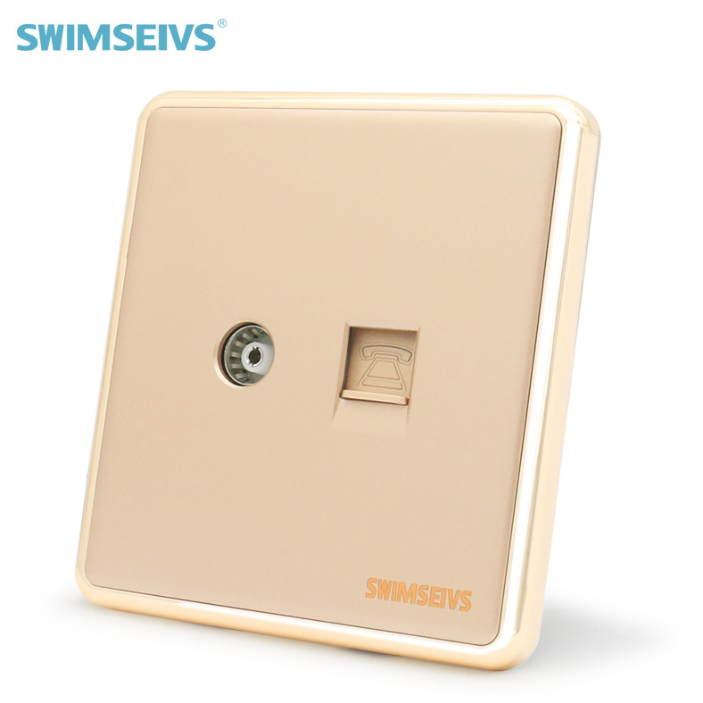 有线电视带电话墙壁86型暗装面板纯平香槟金系列电视电话插座面板