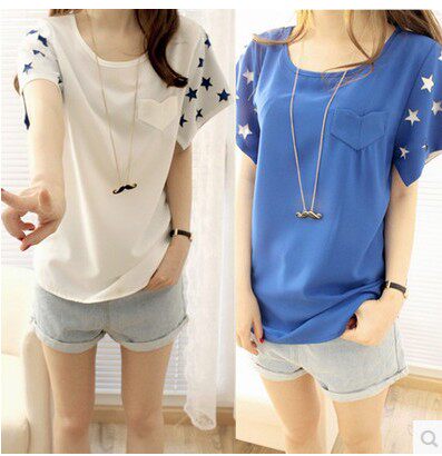 16夏天上衣服韩版大码宽松镂空小清新星星袖雪纺圆领短袖女t恤