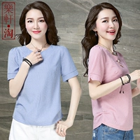 Áo sơ mi cotton và vải lanh cỡ lớn cho nữ 2019 mùa hè áo thun mới rộng rãi áo sơ mi hoang dã tay ngắn nữ áo thun thủy triều - Cộng với kích thước quần áo áo dạ nữ dáng dài hàn quốc