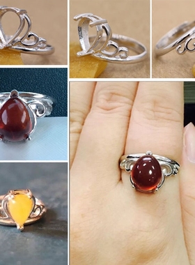 南红纯银镶嵌琥珀蜜蜡戒指空托