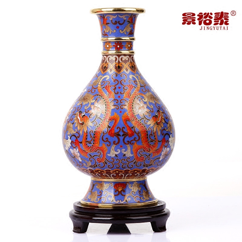 景泰蓝花瓶蓝底蟠龙献瑞双龙掐丝瓶铜胎珐琅家居摆件 李荣魁大师