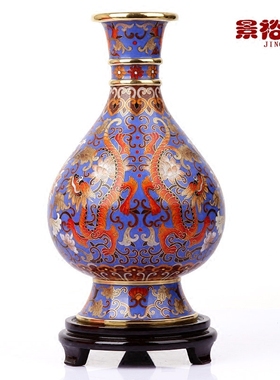 景泰蓝花瓶蓝底蟠龙献瑞双龙掐丝瓶铜胎珐琅家居摆件 李荣魁大师