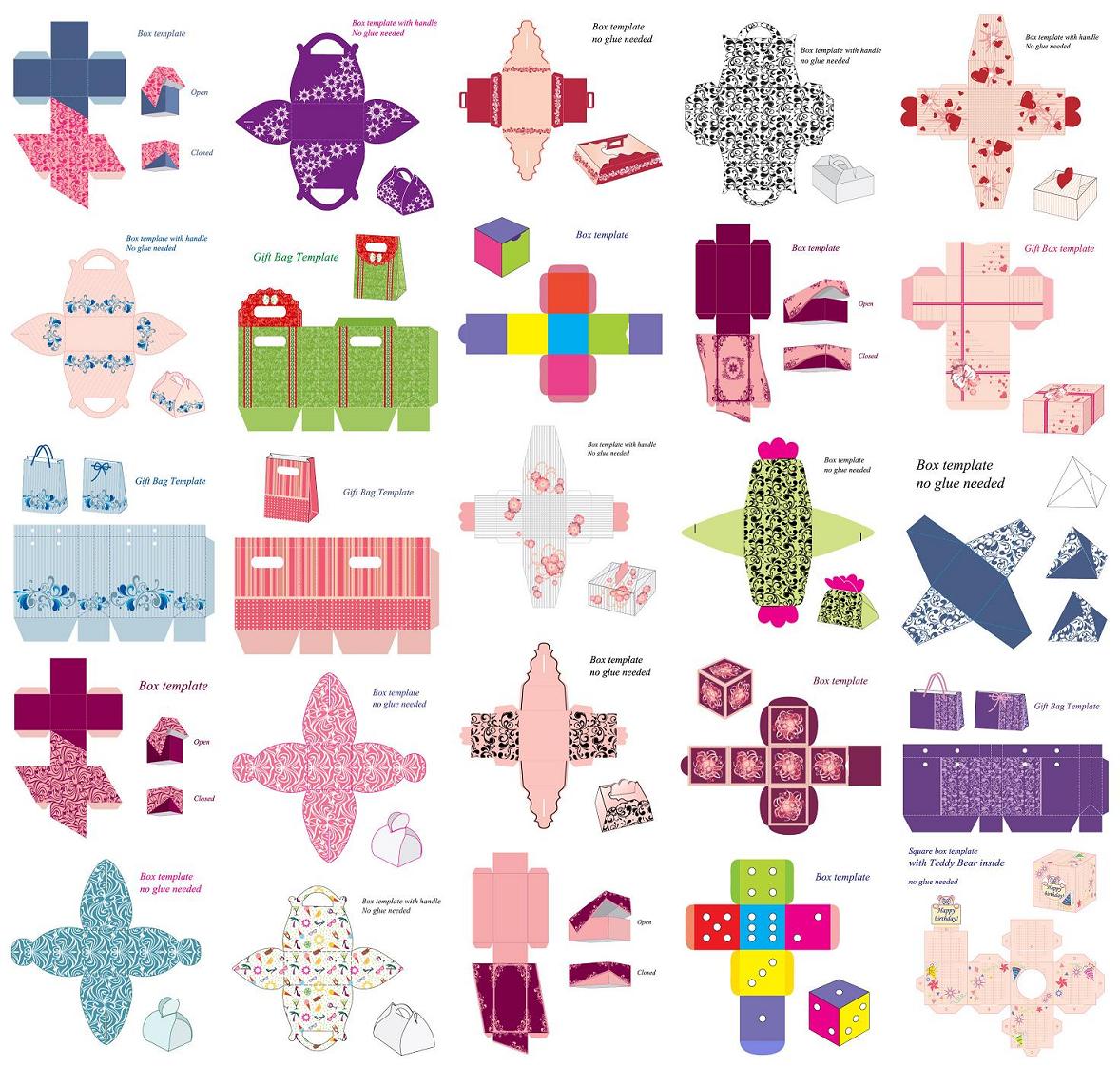 矢量设计素材 25个可爱礼品包装盒纸质立体花纹纹饰展开图EPS