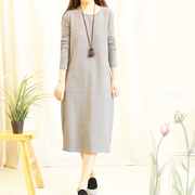 文艺纯棉长袖连衣裙秋冬季长款打底衫女宽松加厚加绒长裙打底裙子