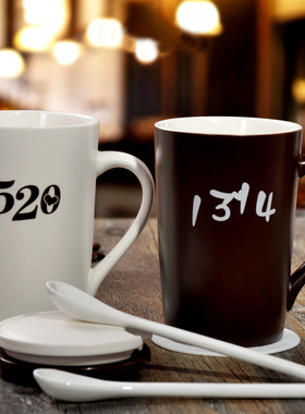 陶瓷杯子简约马克杯带盖带勺情侣杯子1314一对咖啡牛奶水杯情侣款
