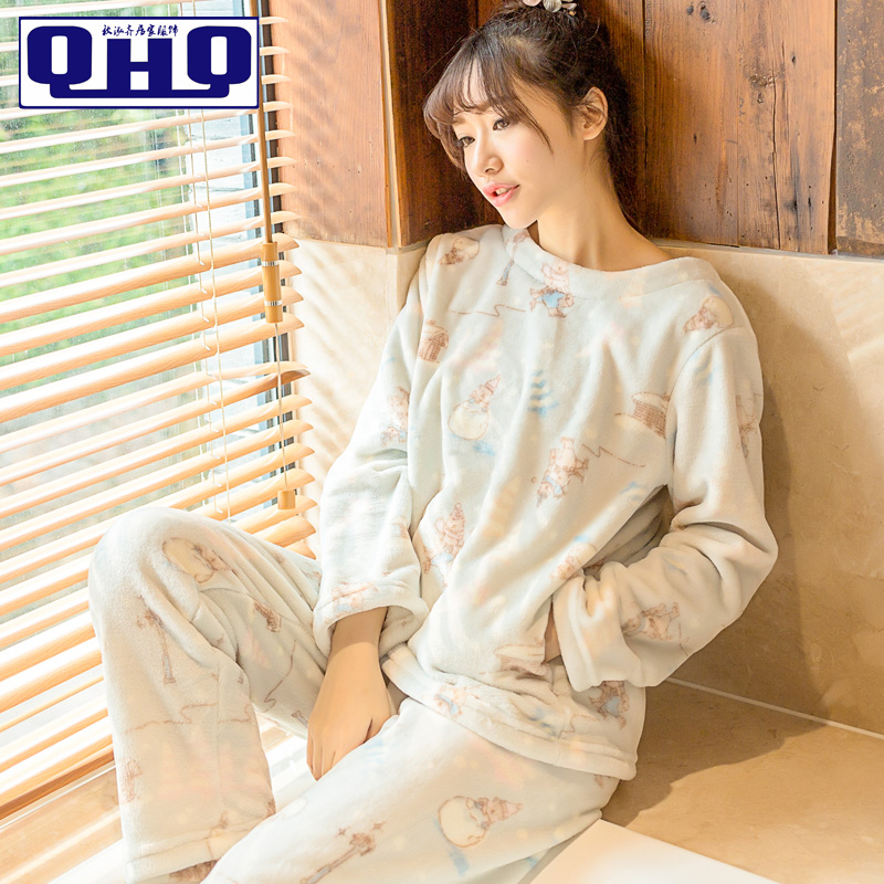 秋冬季加厚可爱甜美法兰绒套头套装冬天睡衣珊瑚绒女士女式家居服