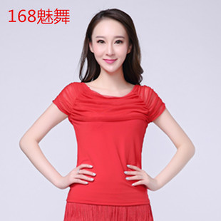 拉丁舞服装衣成人大码女新款夏网纱短袖上衣广场舞跳舞蹈练功衣服