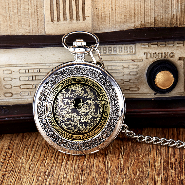 金色龙举云兴怀表复古翻盖男女士怀表中国龙情侣石英挂表9078