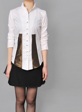 2024春秋新款女装欧美时尚优雅精致修身显瘦拼色长袖衬衫衬衣多色