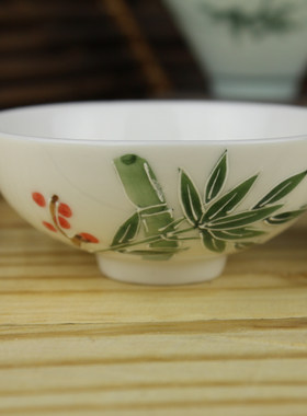 骨瓷堆花浮雕竹叶盖碗普洱茶杯