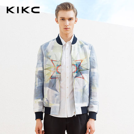 kikc2016春季男装新品 欧美男士立体几何印花棒球服青年夹克外套