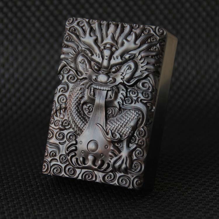 紫光檀乌木 双面浮雕龙 内嵌正品zippo 创意木制木壳打火机