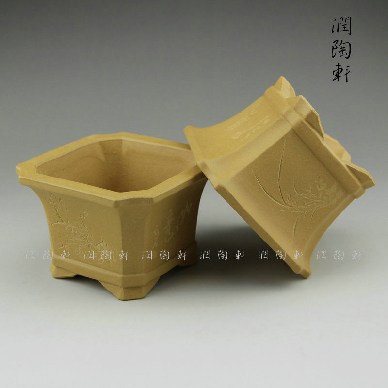 宜兴紫砂手工陶刻迷你小花盆