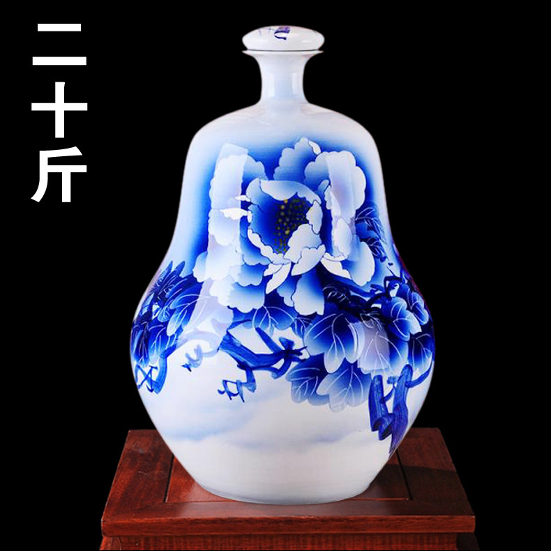 景德镇陶瓷器 名家吴文瀚手绘青花瓷20斤荷韵酒瓶 二十斤泡酒坛子