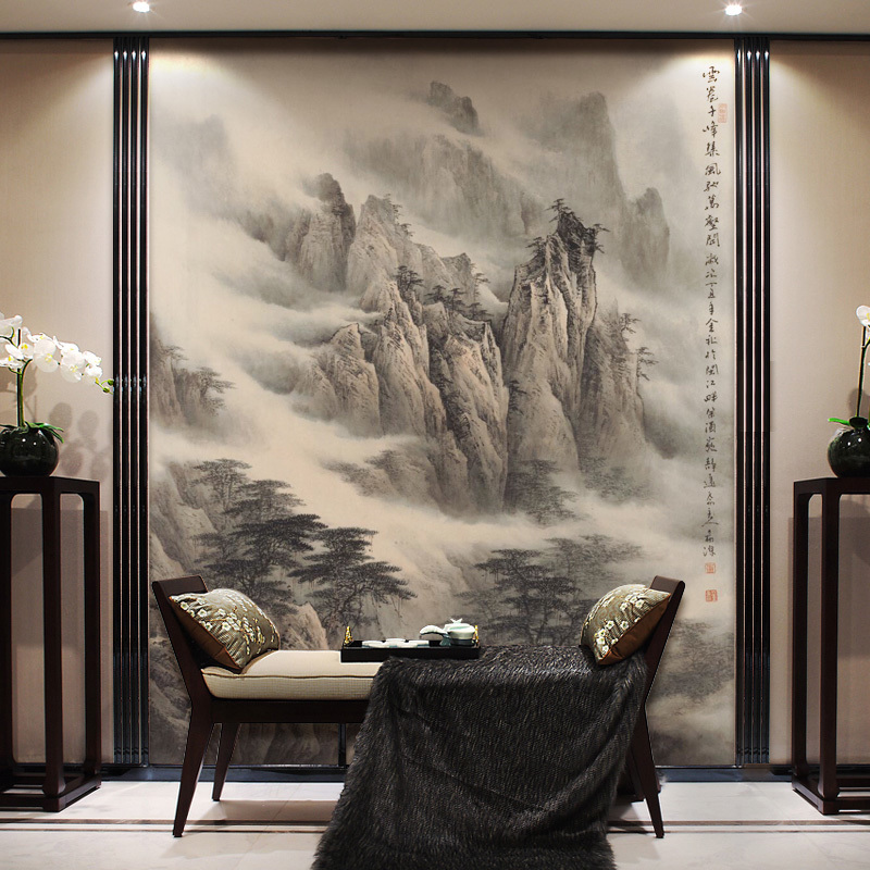 5D电视背景墙纸书房水墨山水画无缝墙布客厅沙发玄关8D壁纸壁画