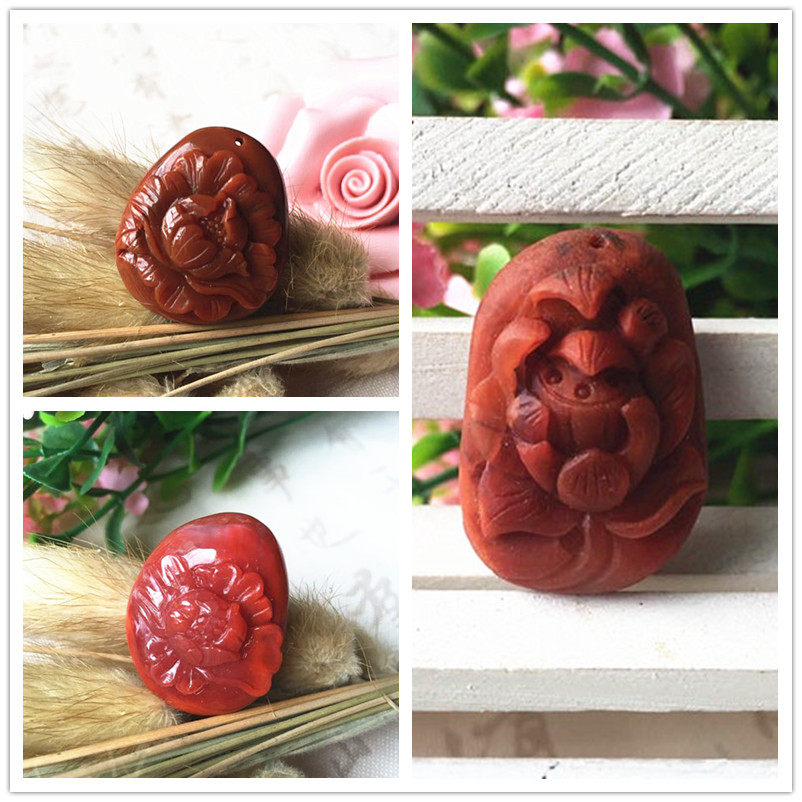 天然四川南红玛瑙玉石吊坠小雕件 柿子红牡丹莲花雕刻花朵项坠