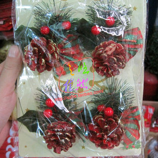 圣诞树松树塔花环藤条插枝配件DIY圣诞松果松塔樱桃蝴蝶结挂件4个