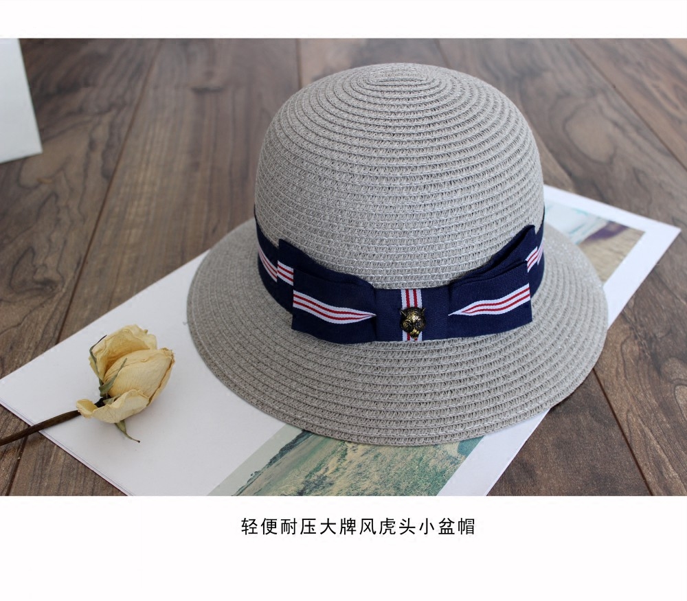 春夏天轻便耐压女式优雅金属虎头装饰日常郊游遮阳防晒渔夫小盆帽
