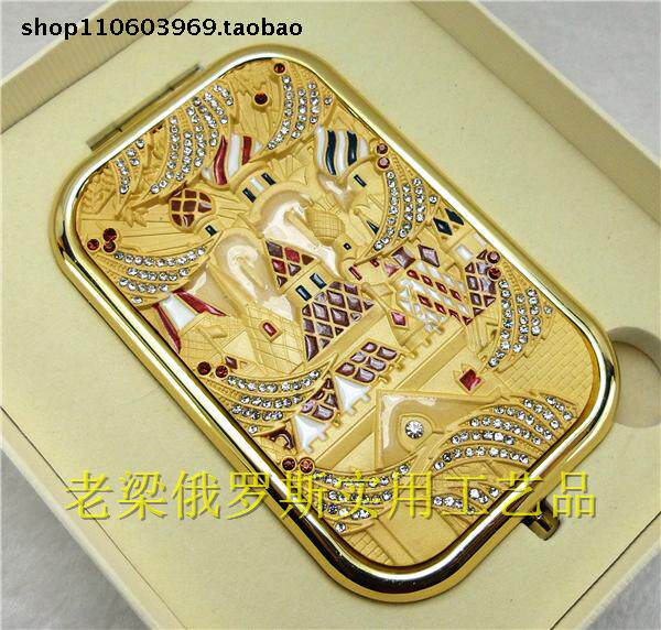 Z3俄罗斯银锡合金属双面折叠化妆镜子长方形大号镶钻金色钻翅城堡