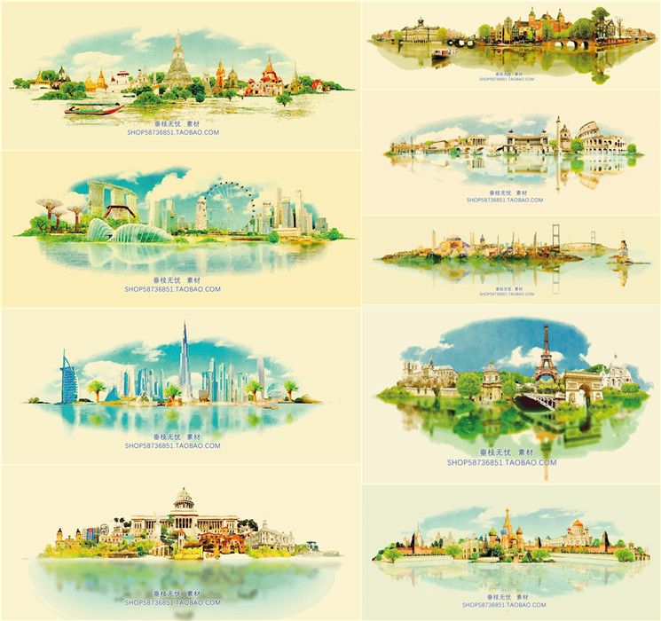 A0324矢量水彩城市建筑景观横幅banner巴黎俄罗斯泰国 AI设计素材