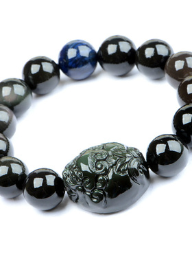 天然黑曜石有求必应貔貅手链