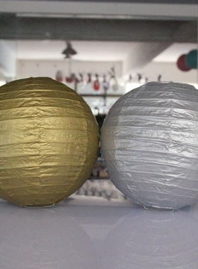 金银色纸灯笼圆形折叠手工艺品金属色纸灯罩婚庆布置舞台装饰道具