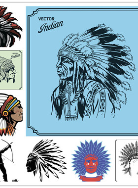 A1298矢量复古版画风格印第安人头像图案 AI设计素材