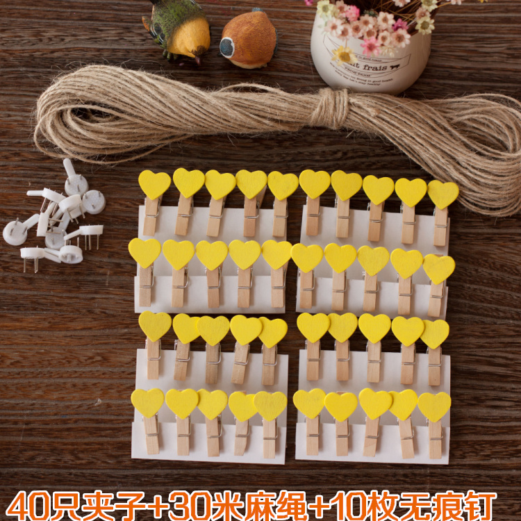 包邮黄色心形木头装饰绳小夹子