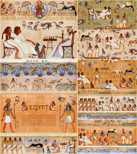 A0747矢量复古埃及壁画风格法老图腾插画 AI设计素材