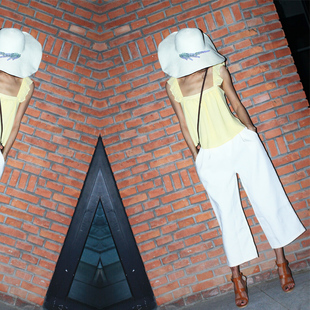 LISA YU夏季雪纺短款性感百搭打底纯色木耳边背心白色阔腿裤套装