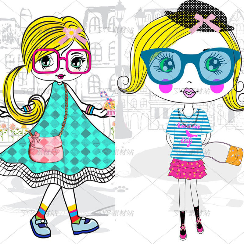 卡通时尚女孩简笔画矢量图插画设计素材17eps格式