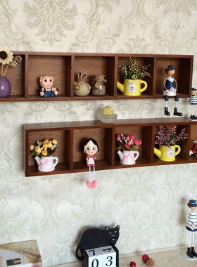 实木格子挂墙水杯架置物架茶壶茶杯收纳架创意搁板复古装饰置物架