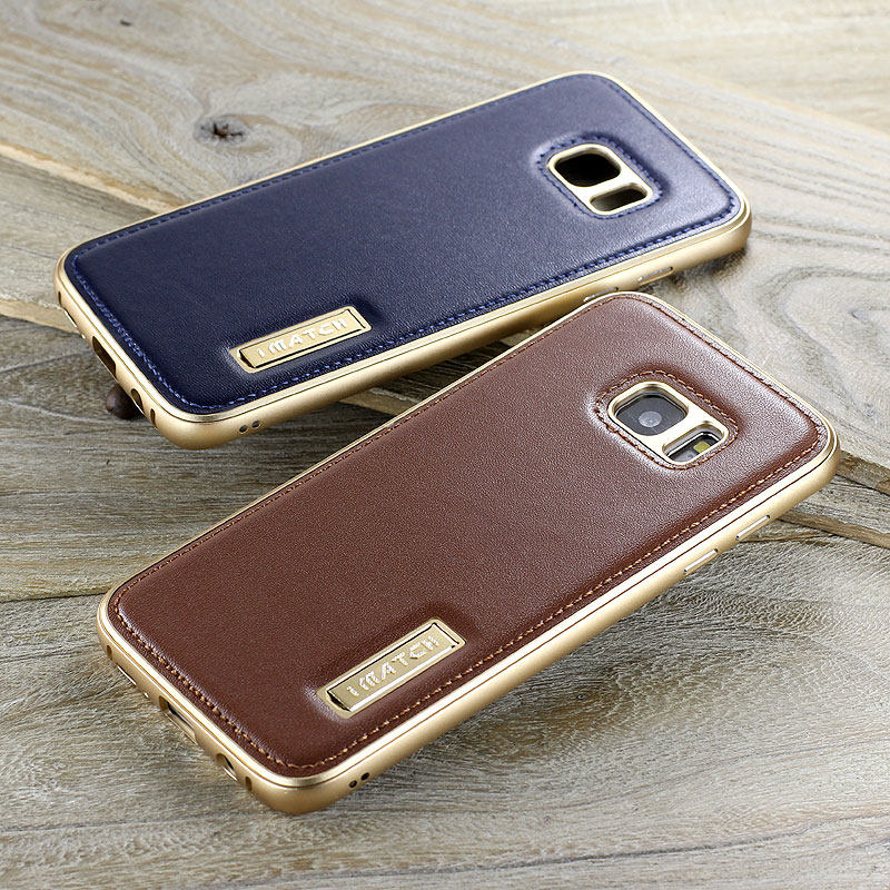 iMatch Luxury Aluminum Metal Bumper Premium Genuine Leather Back Cover Case for Samsung Galaxy S7 edge
