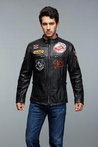 2015新款多标徽章机车赛车服男式小牛皮羊皮飞行服皮夹克真皮皮衣