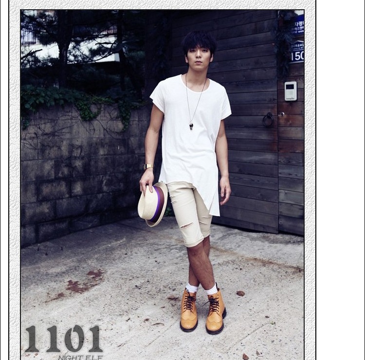 非主流潮男夏装新款t恤男士韩版不规则中长款短袖T恤纯色打底衫男