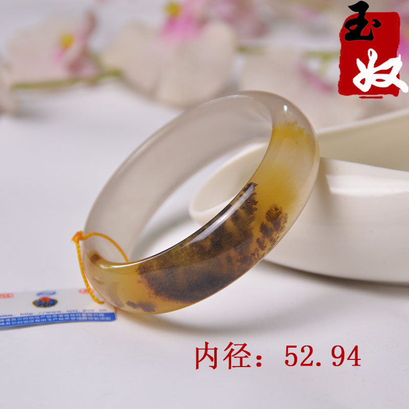 玉奴/新疆天然金丝玉手镯/黄白色草花宝石光细料手镯子/52/53