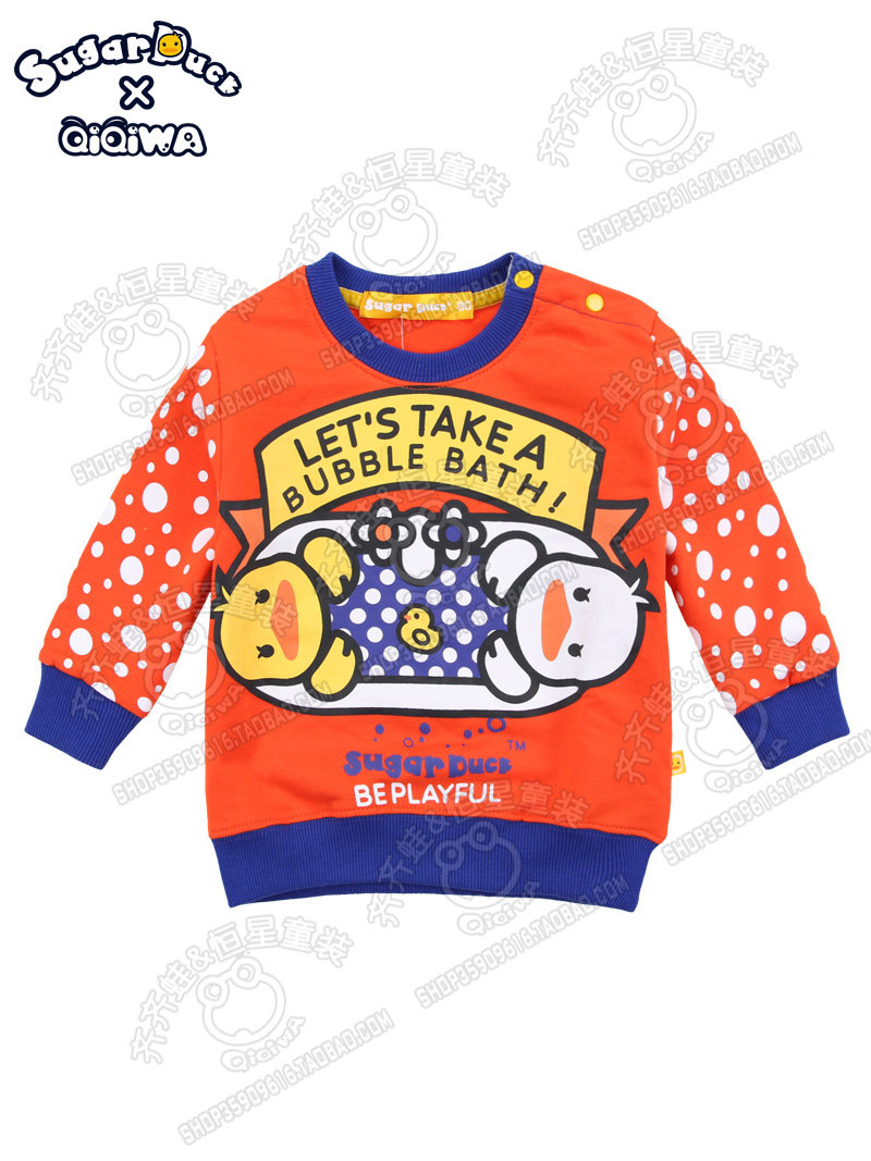 齐齐蛙春秋婴幼童长袖卫衣男女甜心鸭子纯棉卡通圆领肩扣T恤上衣