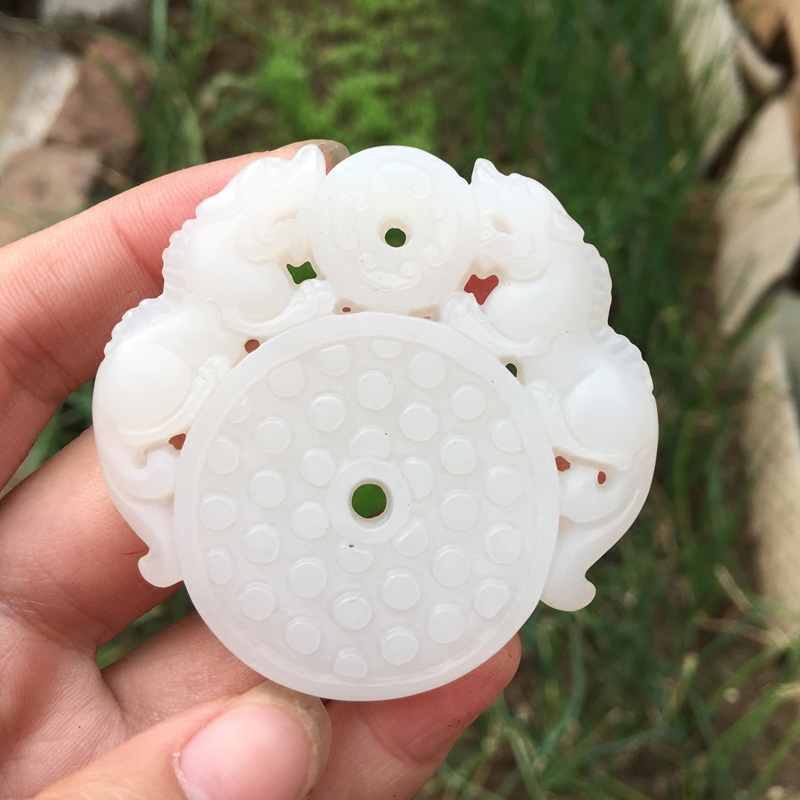 双貔貅白玉仿古平安扣吊坠送证书