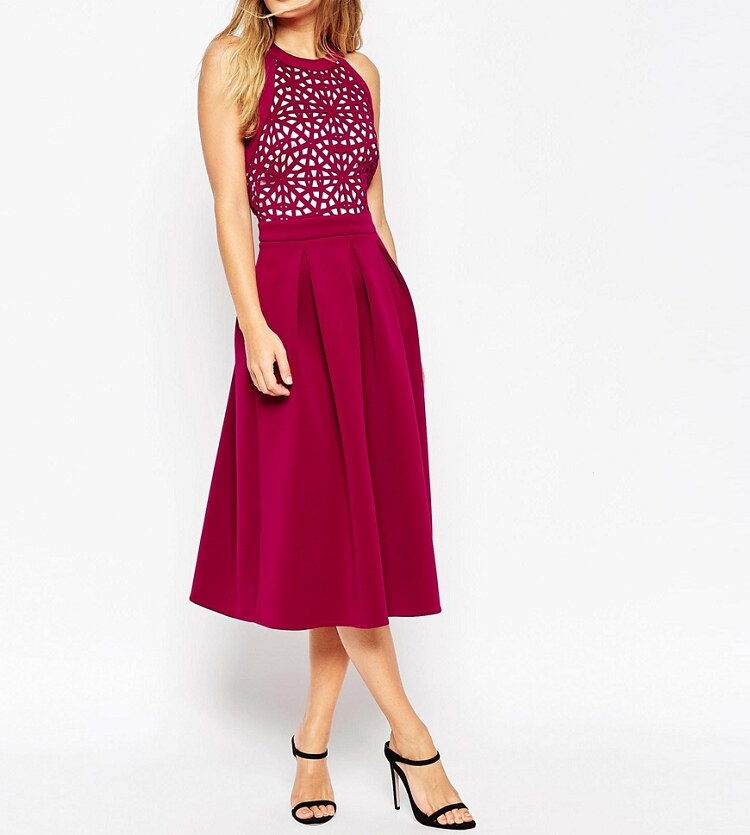 女王弹力复合空气层激光冲孔性感露背无袖大摆连衣中长裙年会礼服