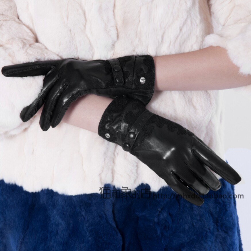 女款加长女朋友蕾丝羊皮手套分指