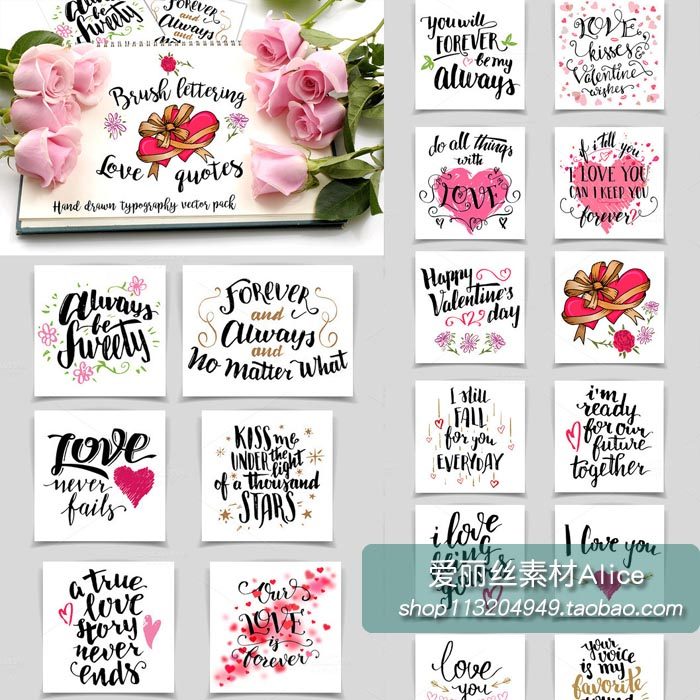 [247]英文手绘爱情誓言表白短语插画图案 AI矢量设计素材+PNG