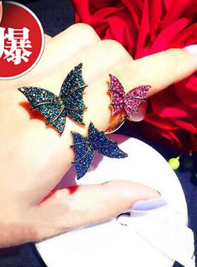 欧美风明星款多彩莱茵石蝴蝶戒指