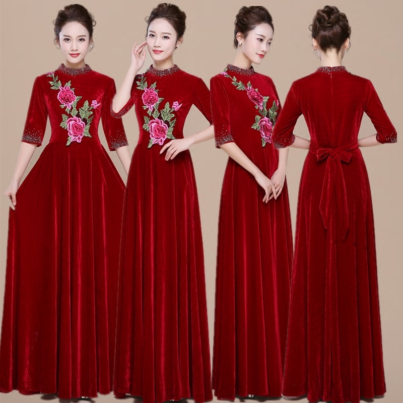 柔唇新款秋冬合唱指挥服装女丝绒合唱服长裙中老年大合唱演出服服