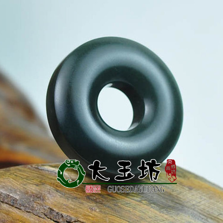 正品新疆和田玉黑羊脂墨玉吊坠仿古镂空圈平安扣黑碧玉玉牌送证书