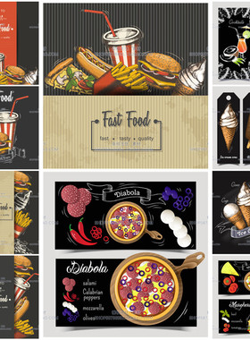 A3507矢量黑板粉笔手绘薯条汉堡披萨冰淇淋菜单banner AI设计素材